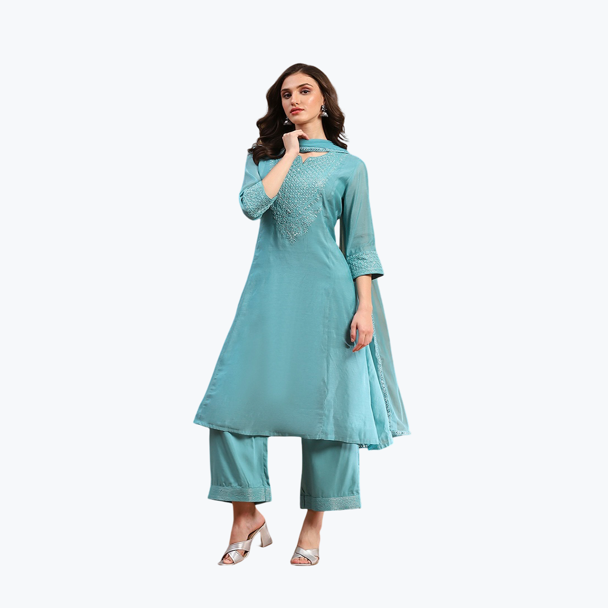 Biba Turquoise Embroidered A-Line Kurta